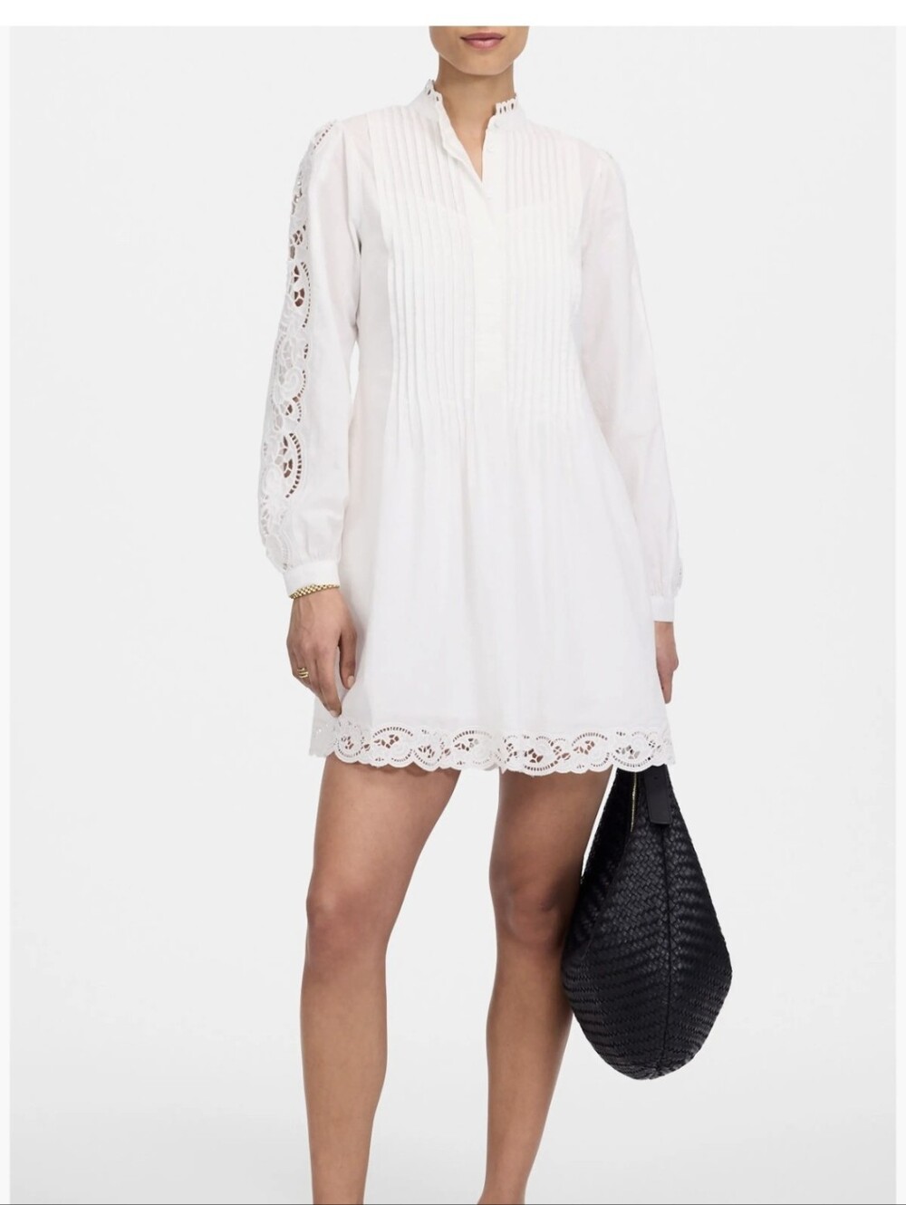 Pintuck Eyelet Long Sleeve Minidress